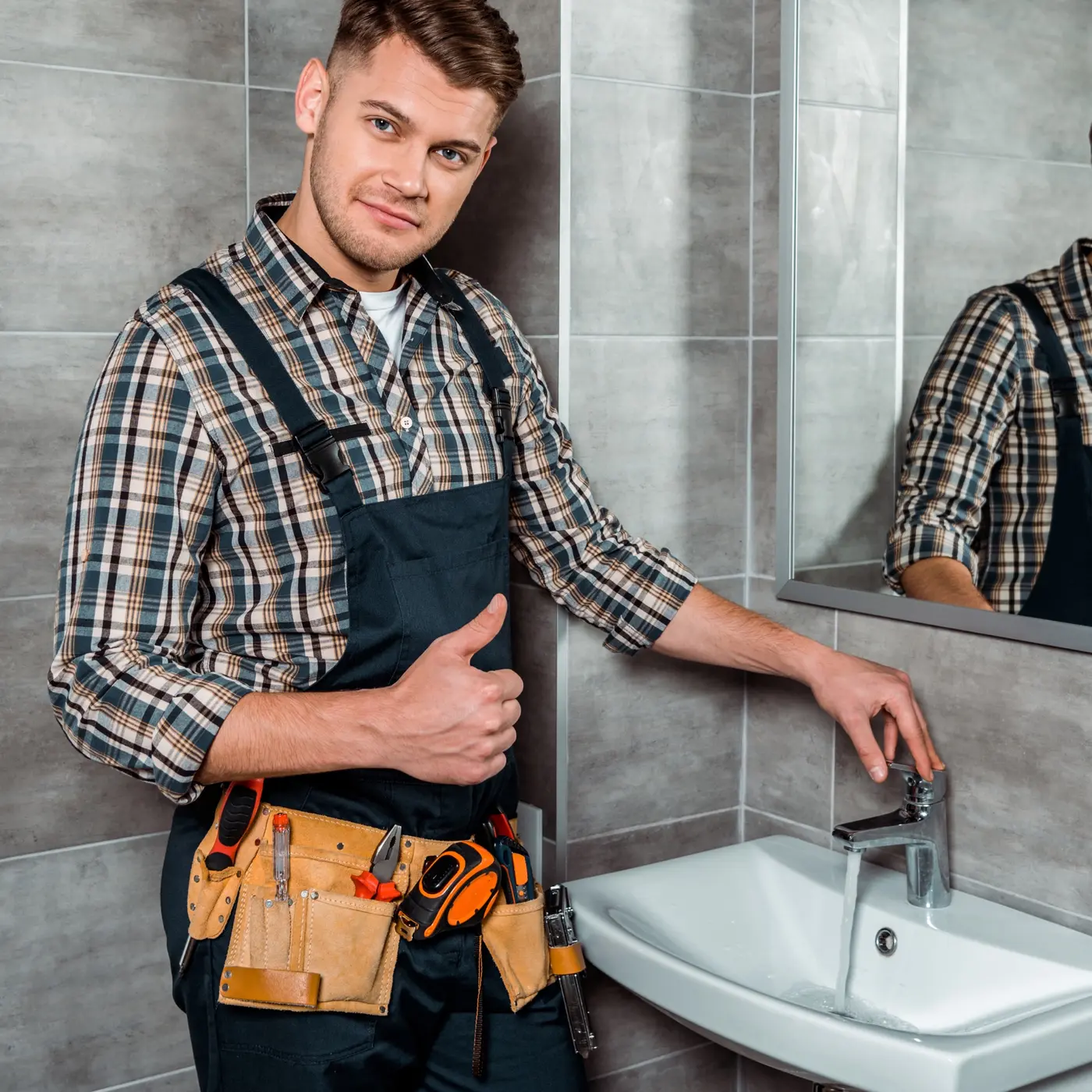 Plumber with a tool belt giving a thumbs up beside a running bathroom faucet